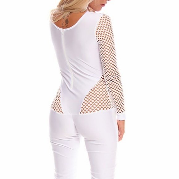 Long Sleeve Fishnet Design White 👼 angel Jumpsuit - Picture 6 of 7